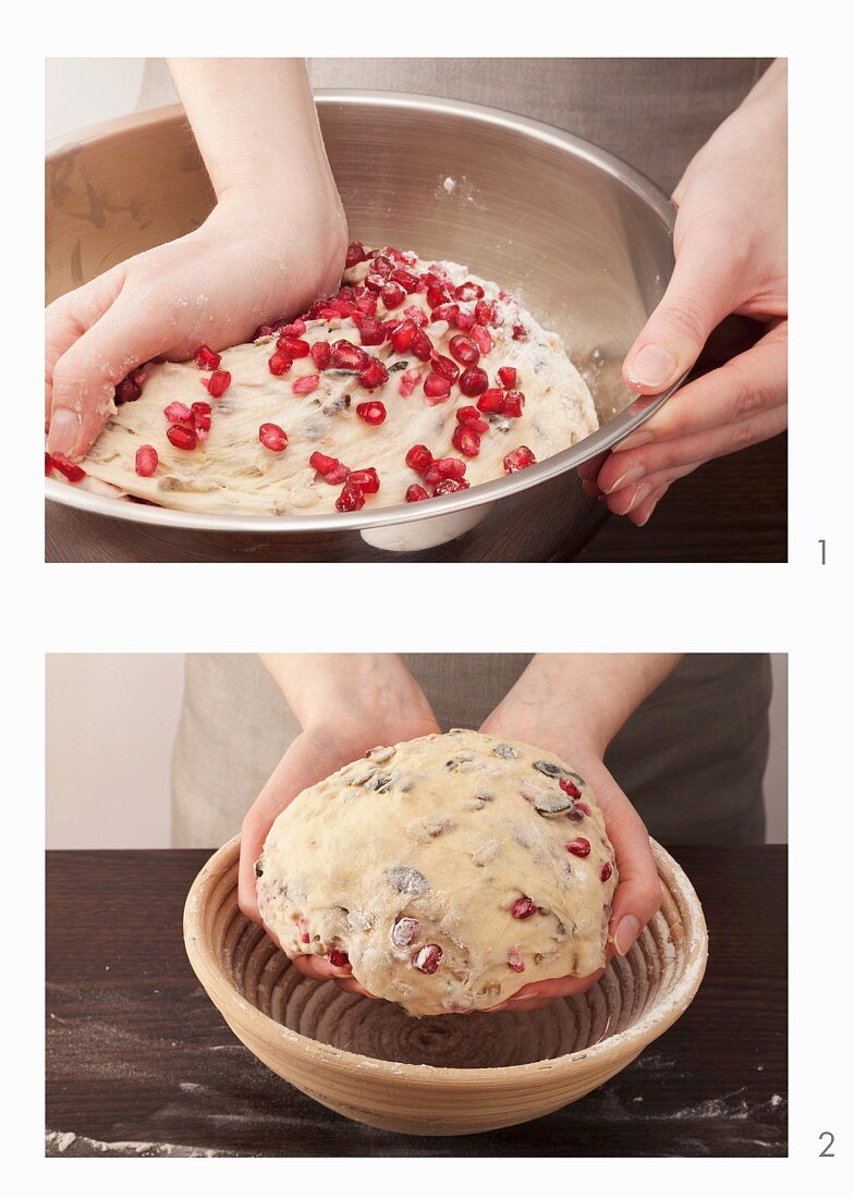 Bread dough with pomegranate seeds being prepared