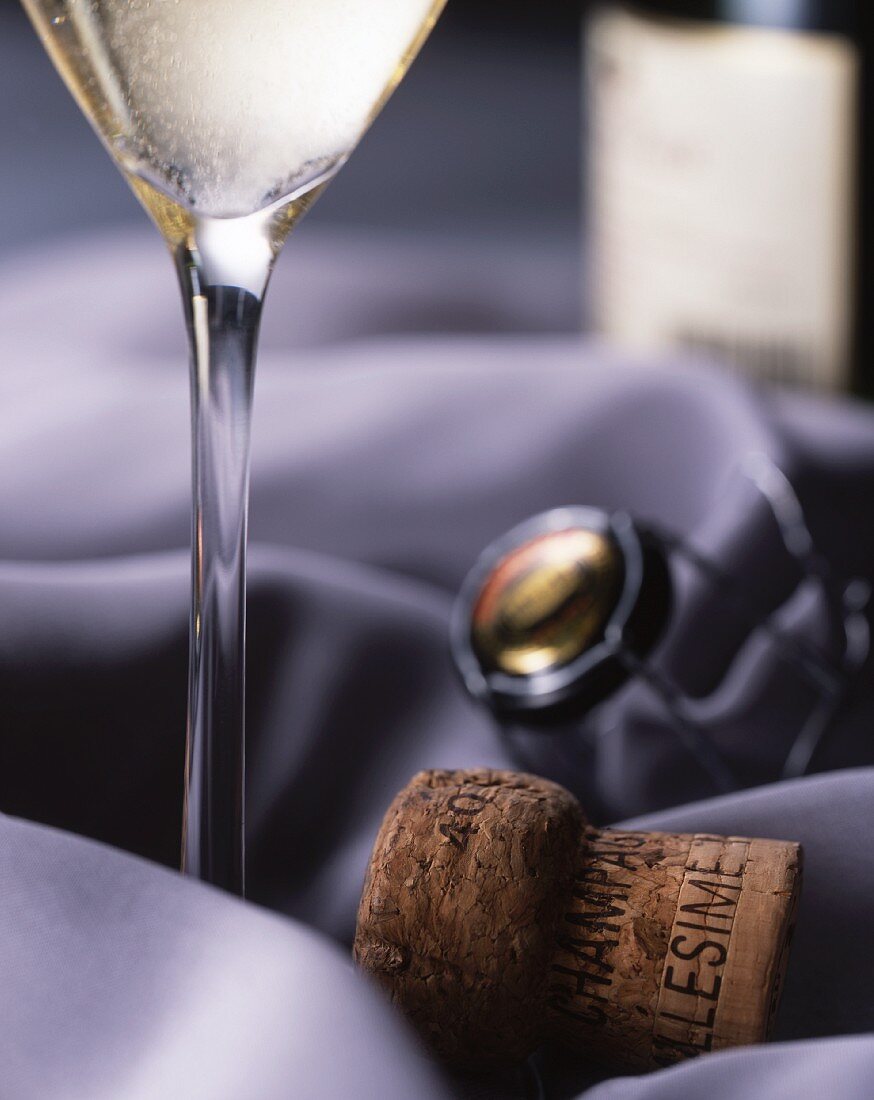 A champagne flute and a champagne cork