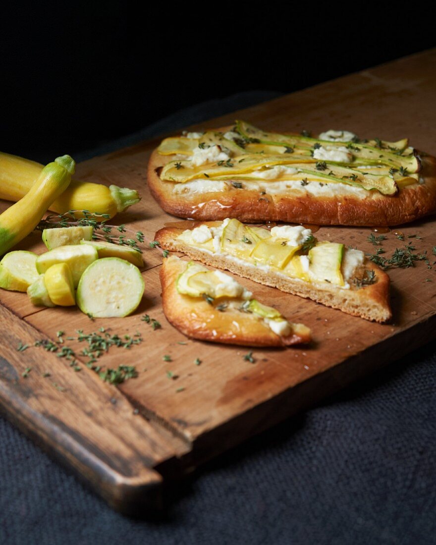 Wood Grilled Flatbread with Zephyr Squash, Fresh Ricotta and Honey