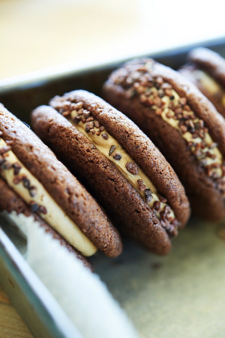 Whoopie Pies auf Pergamentpapier am Backblech (USA)