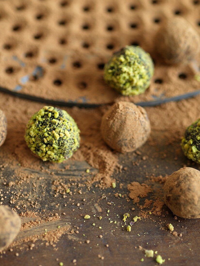 Chocolate Truffles Rolled in Cocoa Powder and Pistachios
