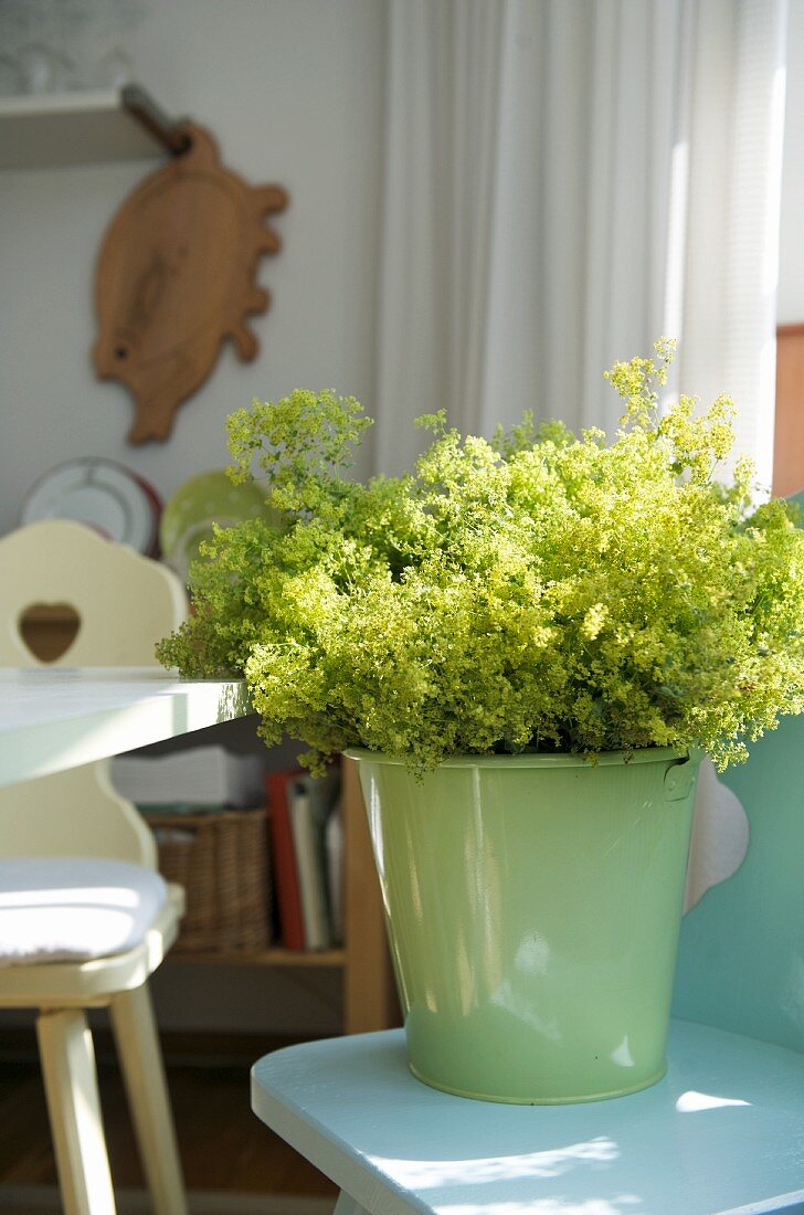 Bouquet of yellow flowers in pastel green bucket on farmhouse chair