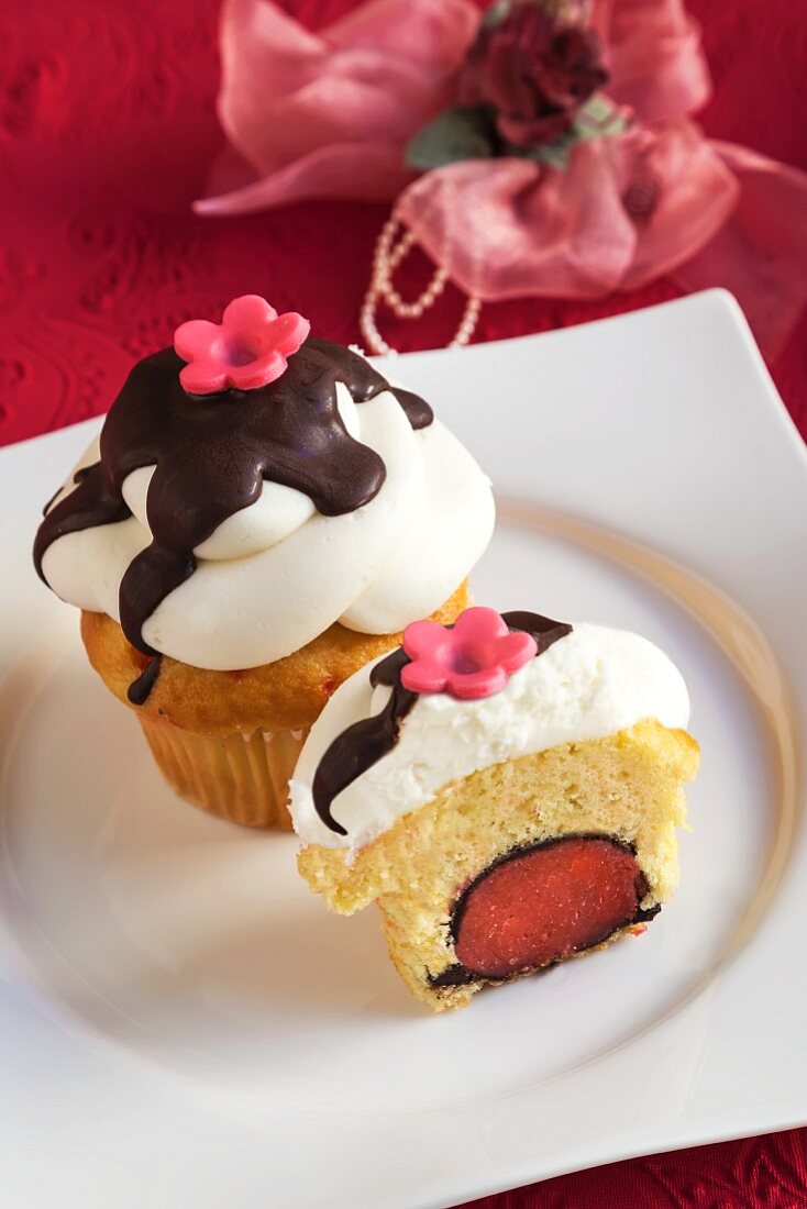 Cupcake with strawberry truffle surprise in center