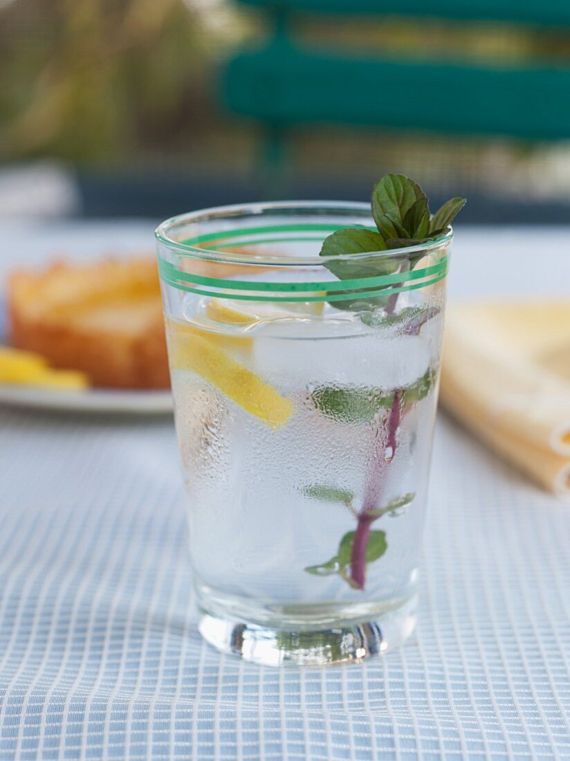 Glass of Water with a Mint Sprig and Lemon Slice on an Outdoor Table