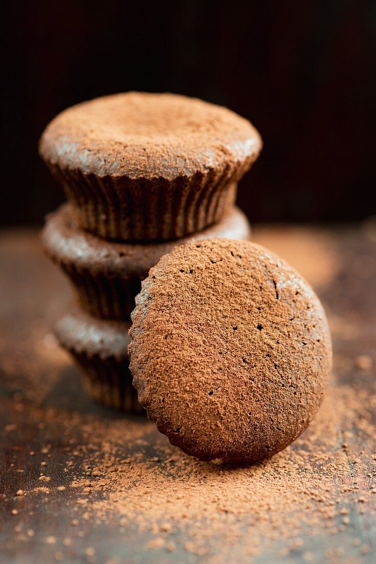 Chocolate muffins dusted with cocoa powder