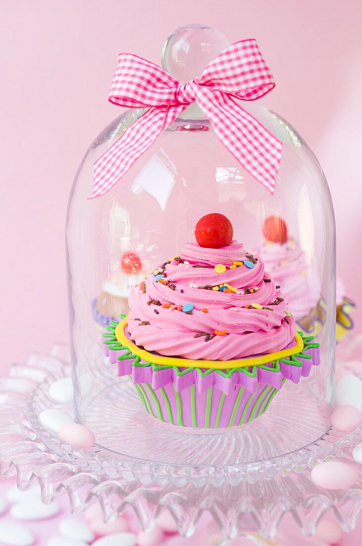 Cupcakes under a glass cover with a ribbon
