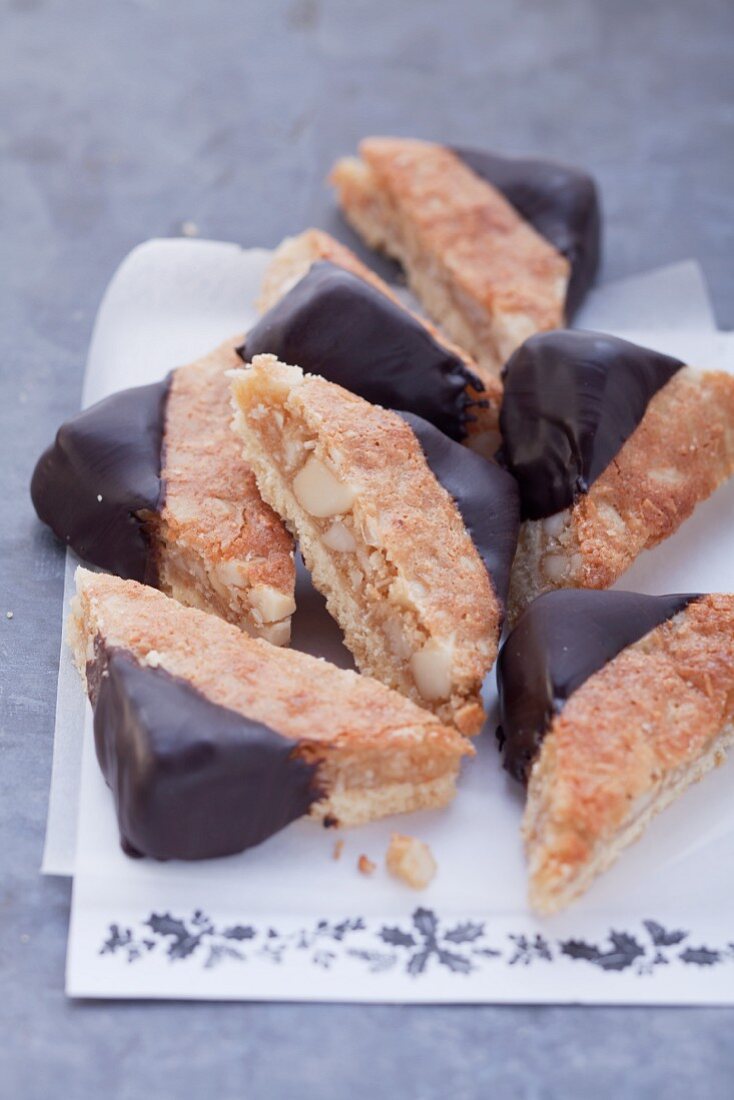 Macadamia nut triangles dipped in chocolate