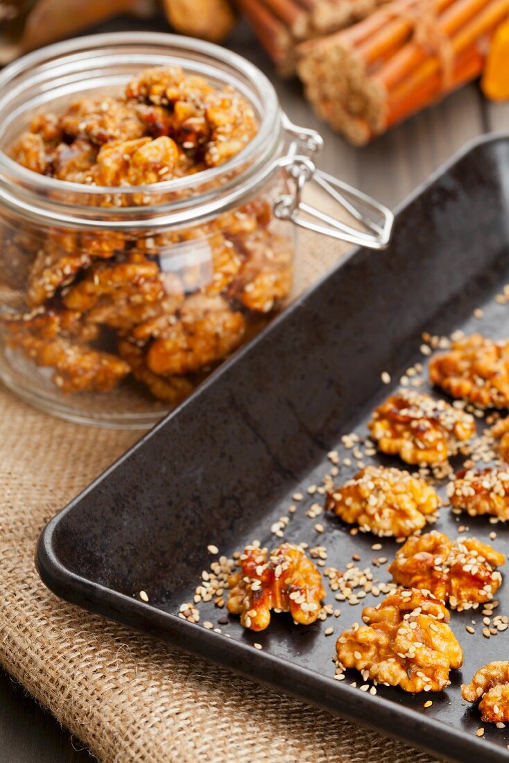 Candied walnuts with sesame seeds