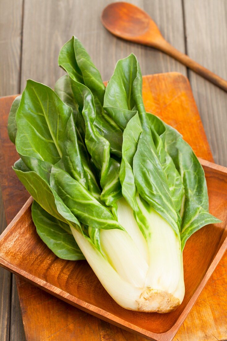 Fresh chard in a wooden dish