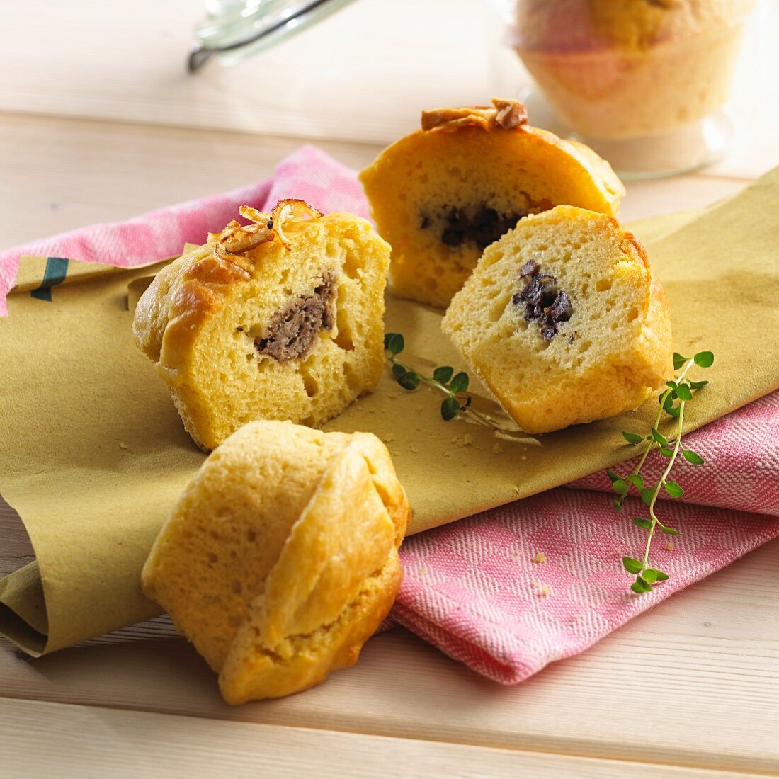 Muffins filled with black pudding and with liver sausage