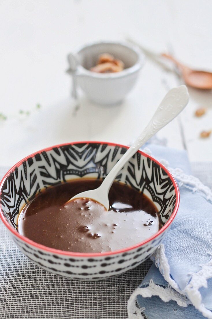 Chocolate sauce in small bowl