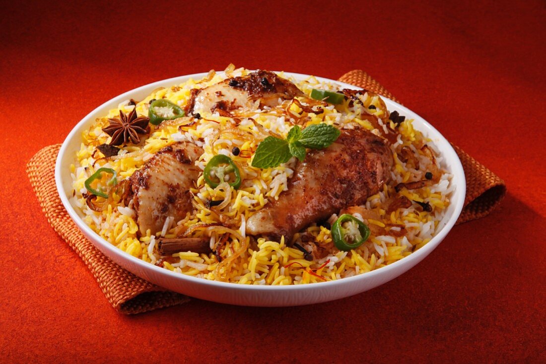 Chicken biryani with rice and spices (India)