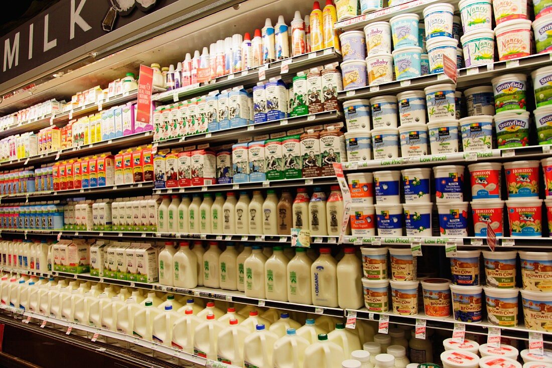 Viele verschiedene Milchprodukte im Kühlregal eines Supermarkts (USA)