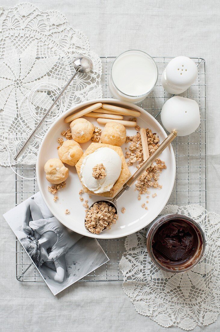 Profiteroles with ice cream and rolled oats