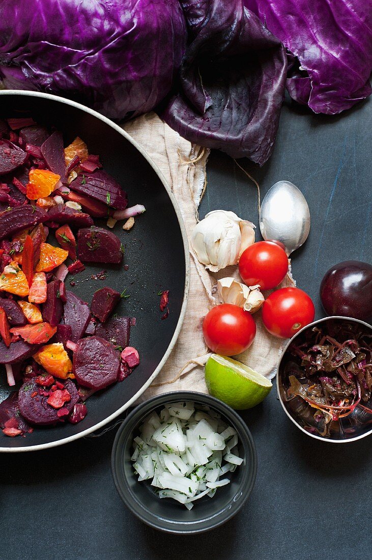 Fried beetroot and carrots with relish and raw onion