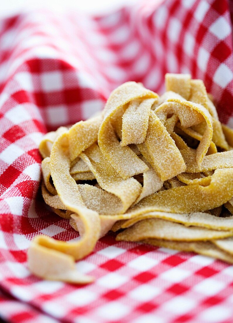 Home-made fresh pasta on a gingham cloth