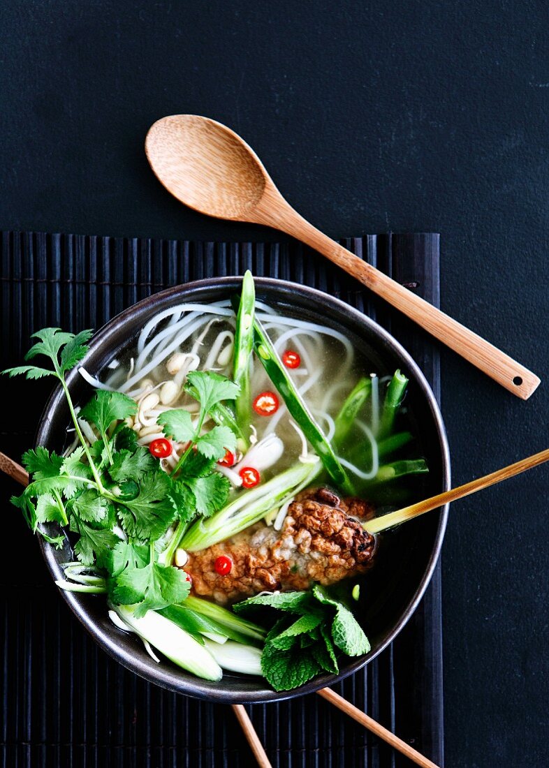 Reisnudelsuppe mit Schweinefleisch, Sprossen und Koriandergrün (Vietnam)