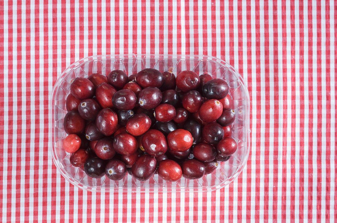 Cranberries in Plastikschale auf kariertem Tischtuch