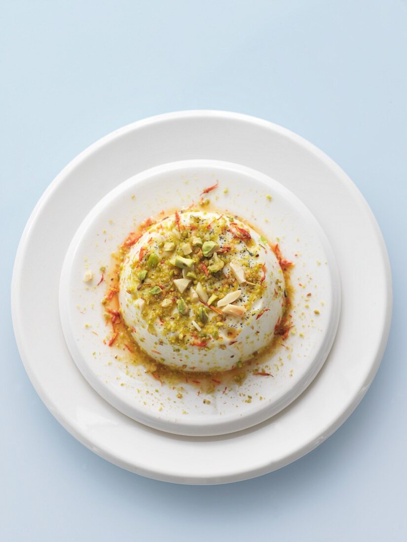 Panna Cotta with Saffron Syrup and Pistachios; From Above