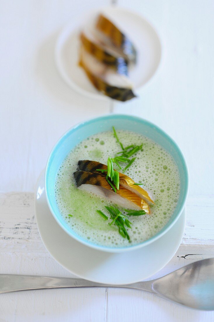 Cream of courgette soup with smoked fish fillet
