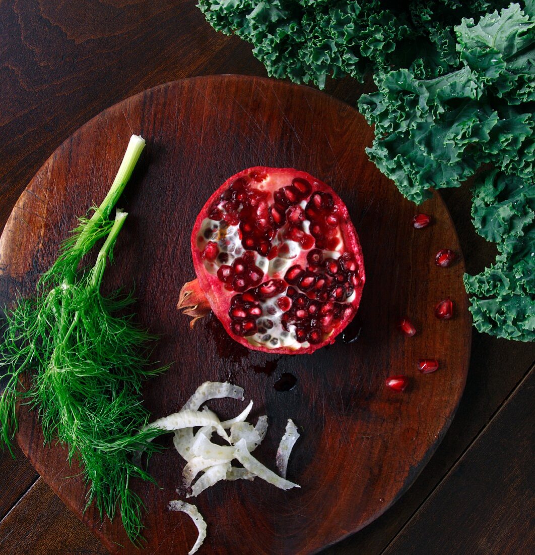 Ingredients for a Kale and Pomegranate Salad; From Above