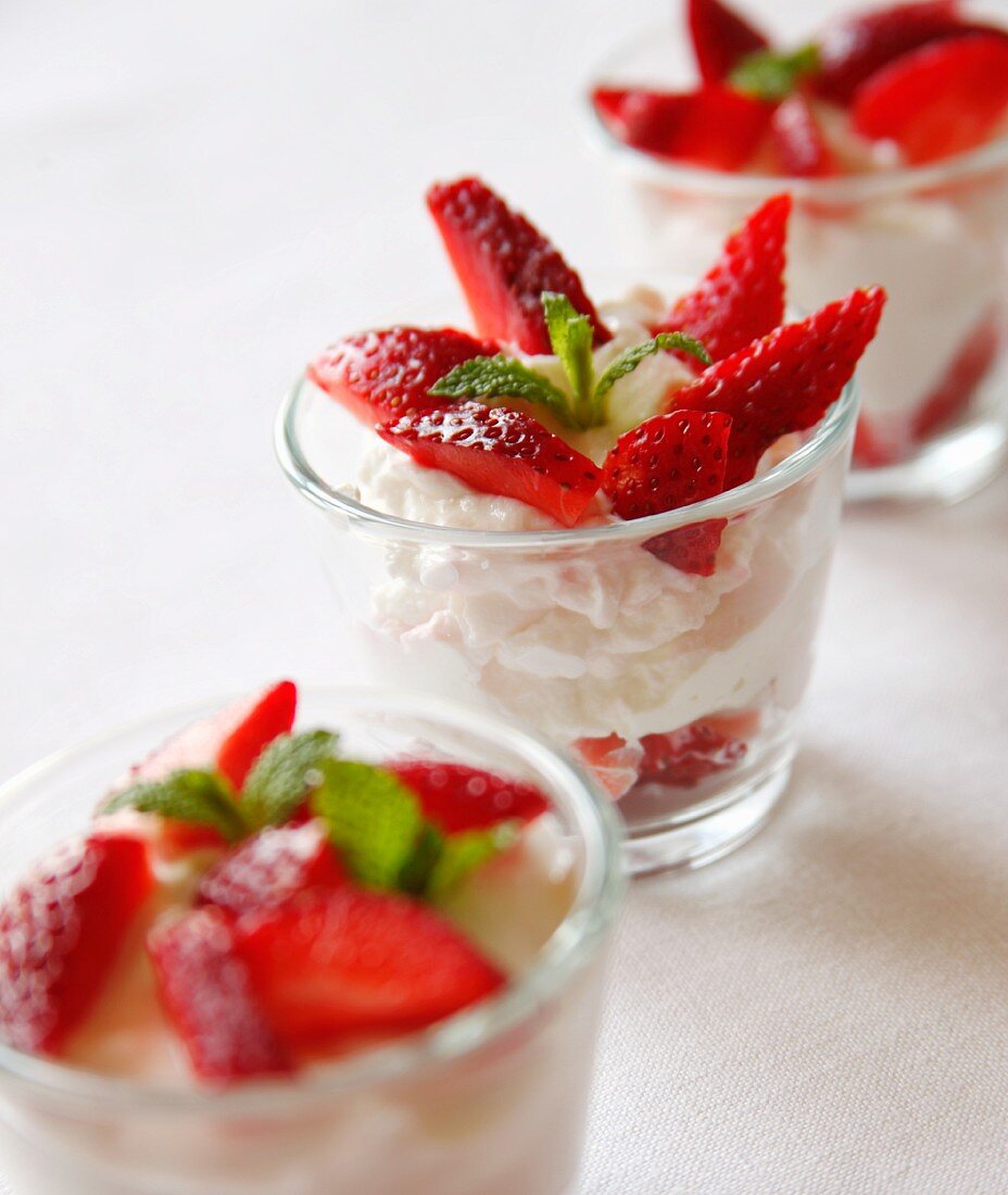 Greek Yogurt with Fresh Strawberries in Glass Cups