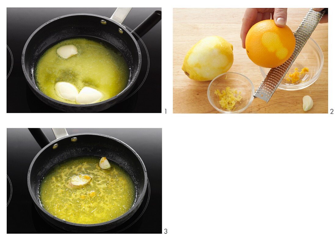 Melted butter being flavoured with lemon zest and garlic
