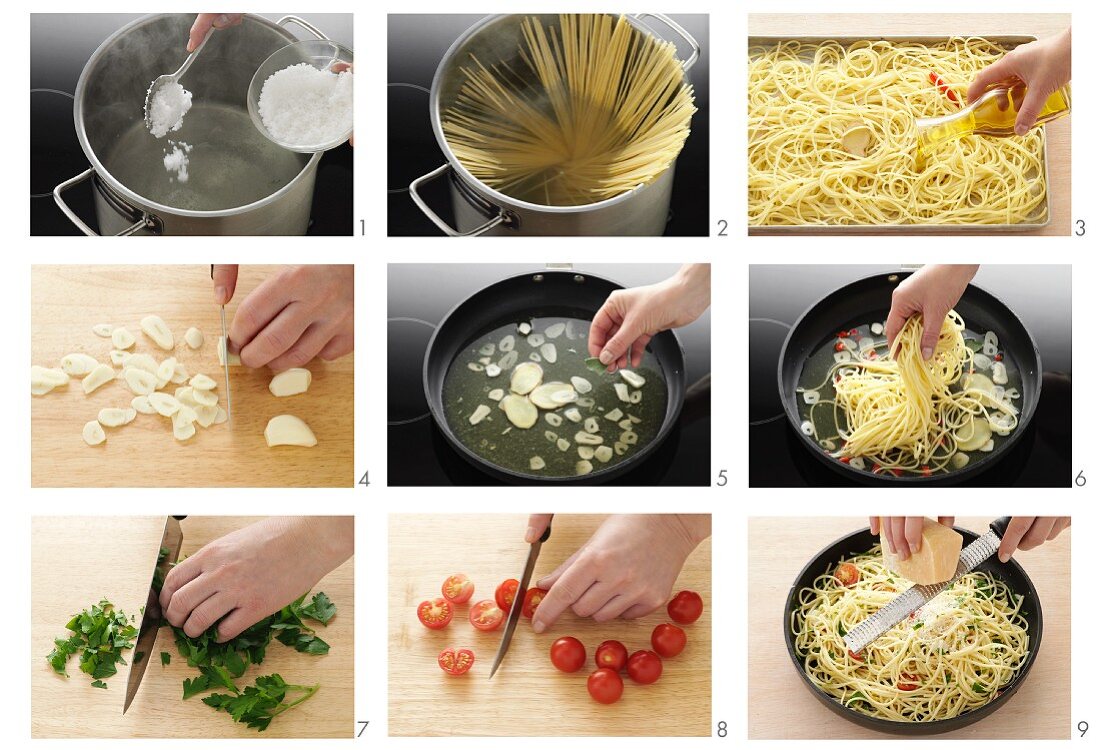 Spaghetti mit Knoblauch & Tomaten zubereiten