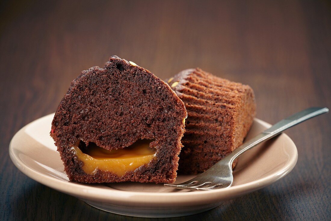 A chocolate muffin filled with orange cream