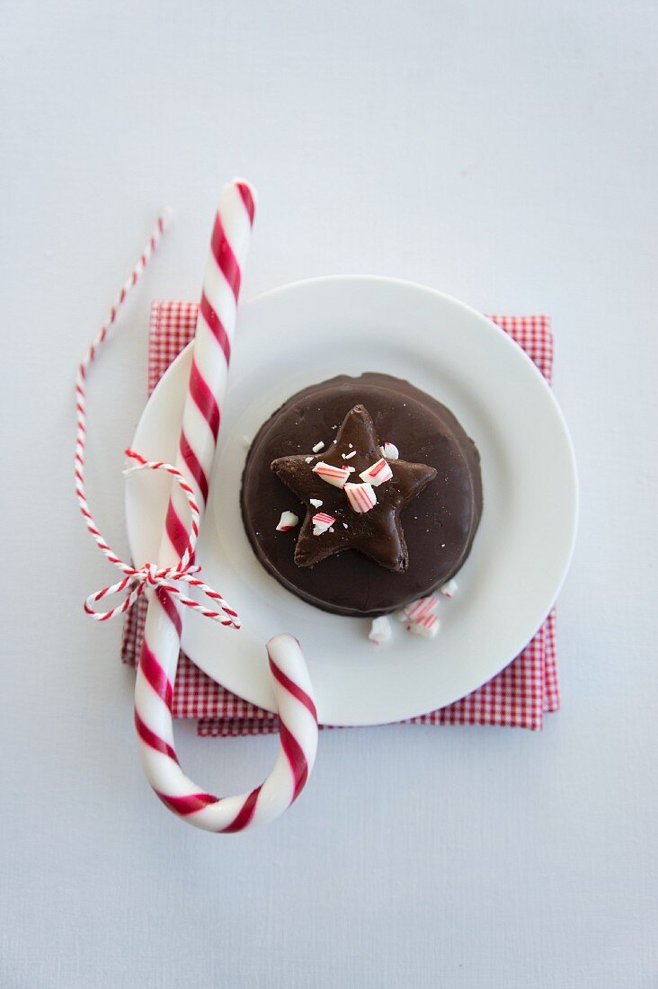 A miniature chocolate torte with a candy cane at Christmas