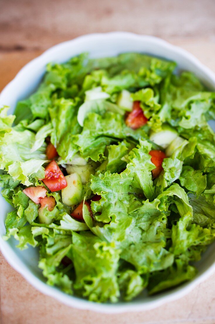Salad leaves with cucumber, tomatoes and vinaigrette
