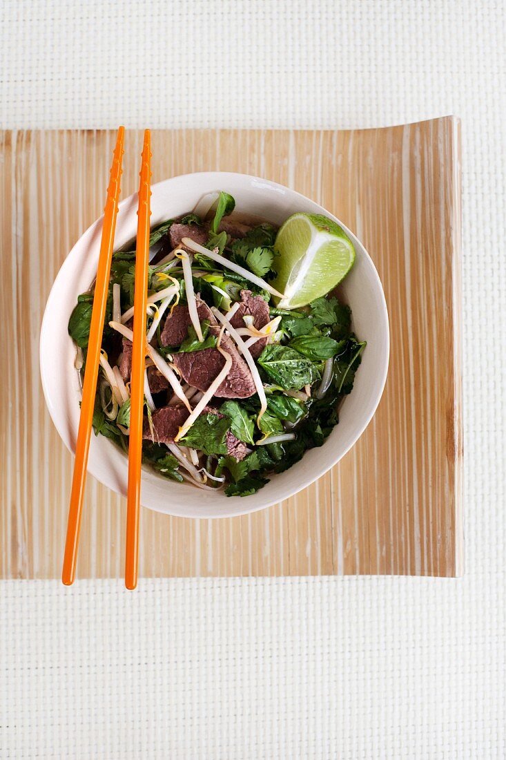 Noodle soup with beef and spinach