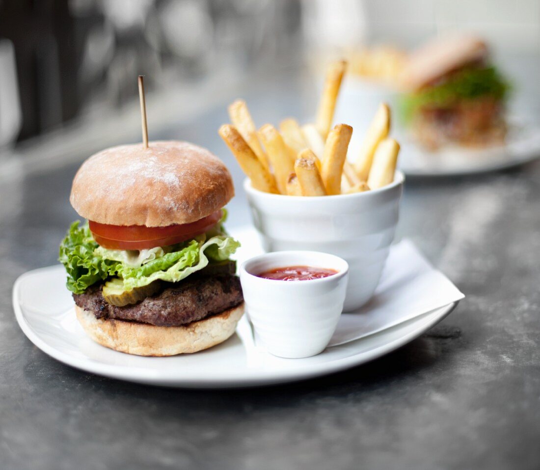 Hamburger with Lettuce, Tomato and Pickle, Fries