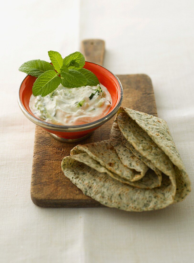 Peppermint yoghurt with flat bread (Turkey)