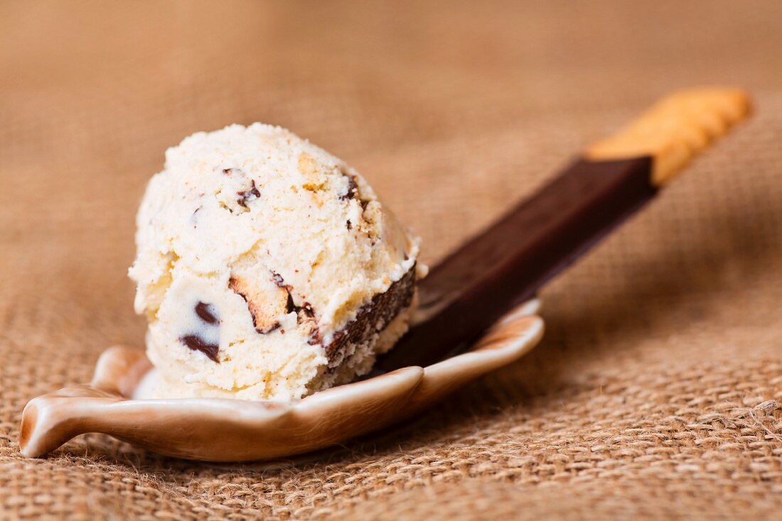 A scoop of home-made cookie ice cream with a biscuit