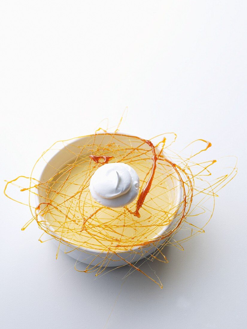 Vanilla custard with a caramel lattice and beaten egg white