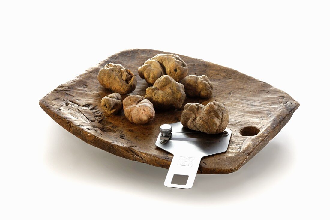 White truffles on a rustic wooden plate with a truffle slicer
