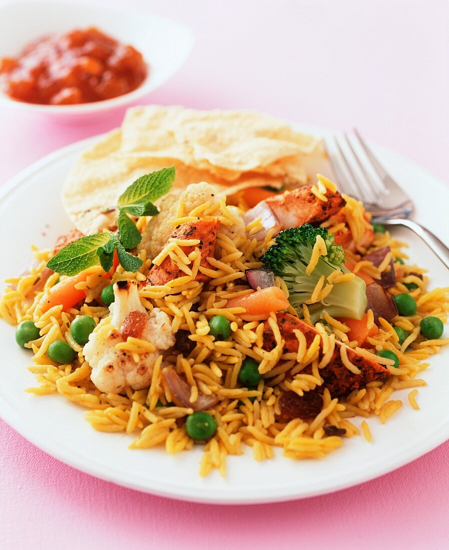Rice with curried chicken and vegetables