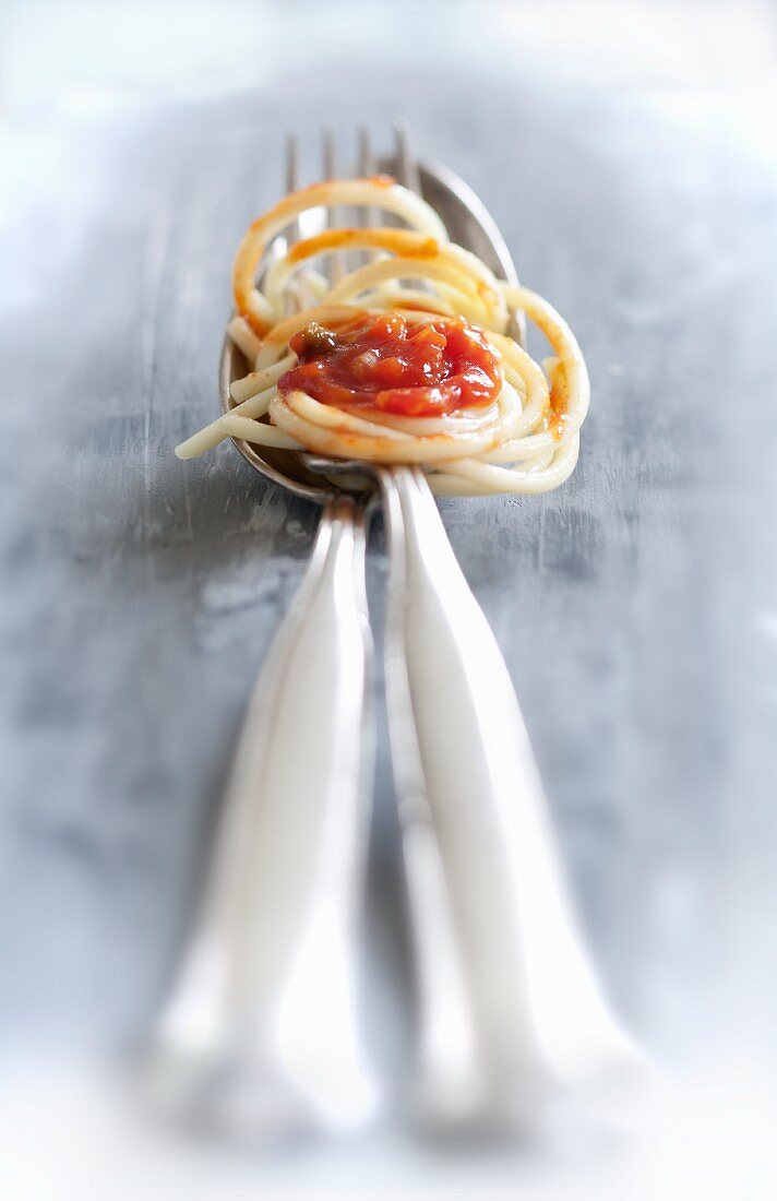 Spaghetti with tomato sauce on a spoon and fork