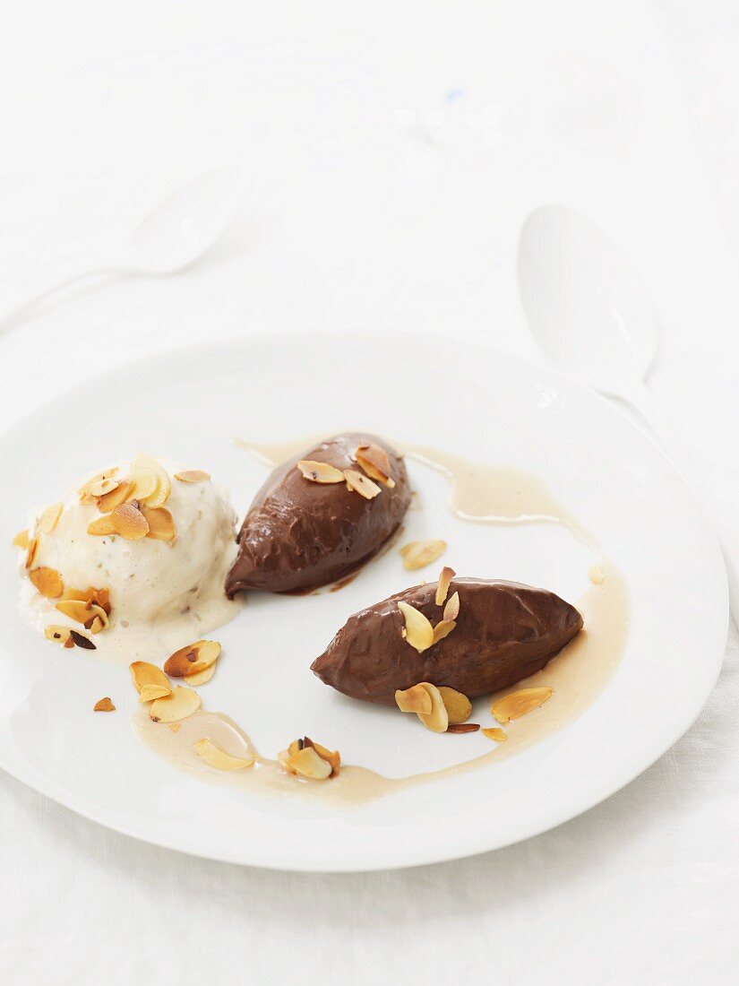 Chocolate and vanilla mousse with slivered almonds