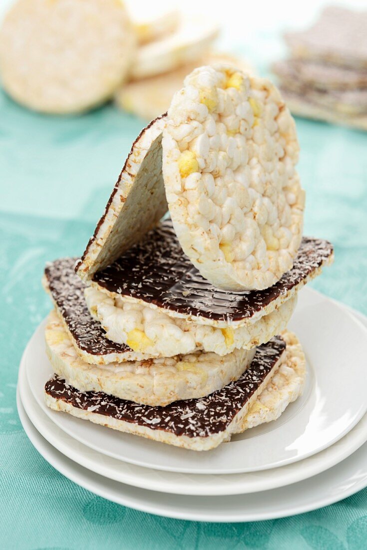A stack of rice cakes with chocolate coating