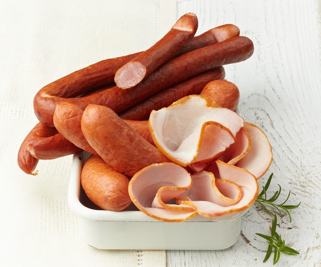 Assorted sausages and ham