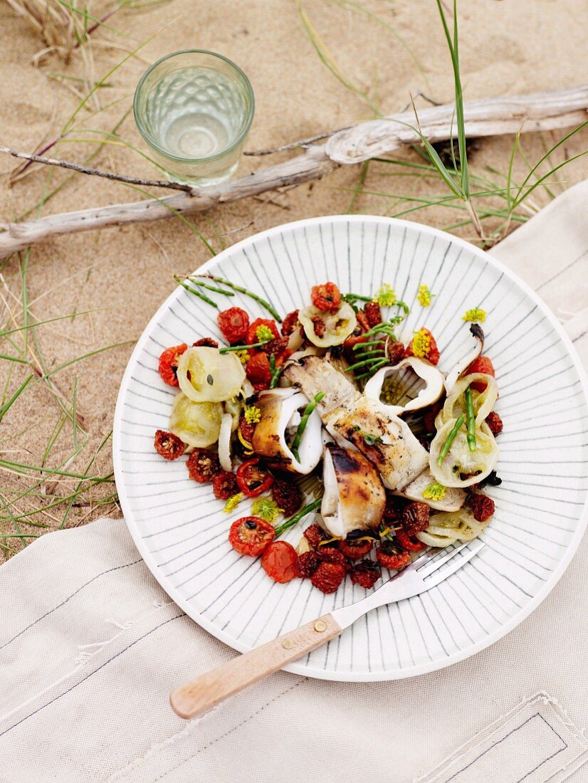 Grilled calamari with sundried tomatoes and wild fennel