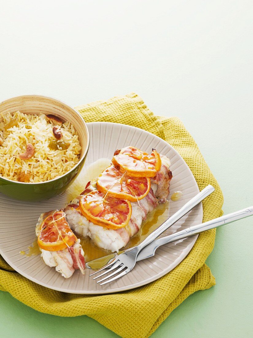 Monk fish with blood oranges and saffron rice