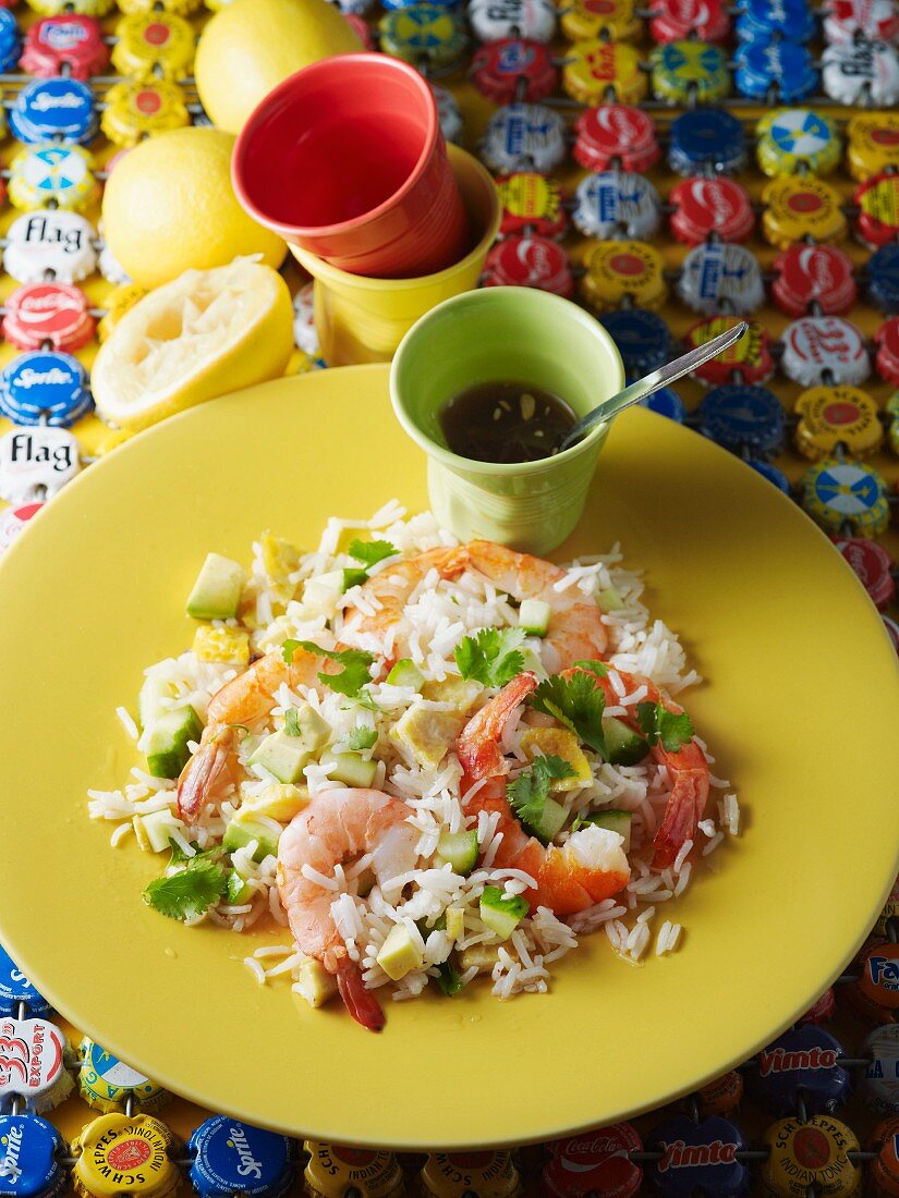 Rice salad with prawns, avocado and cucumber