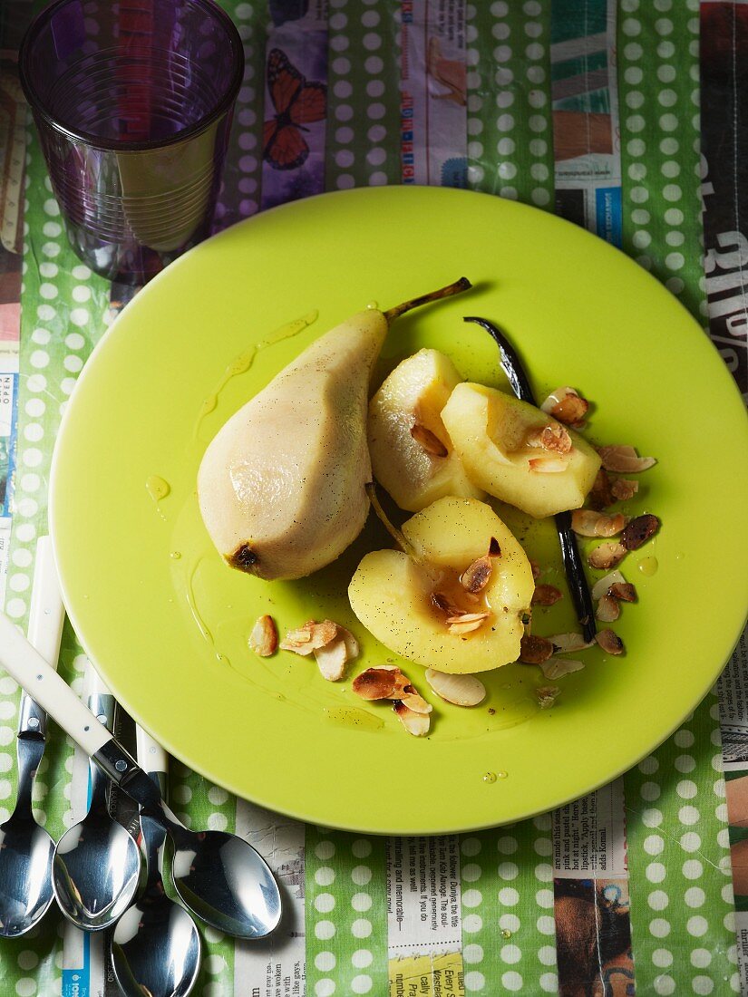 Apple and pear with white wine and toasted slivered almonds