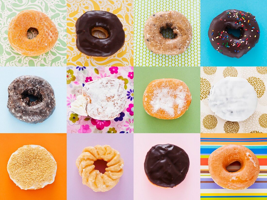 Selection of doughnuts on colorful background