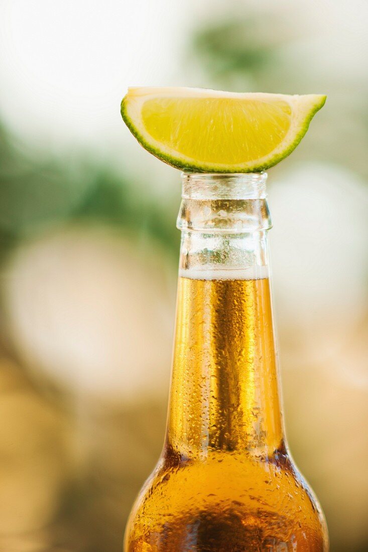 Close up of bottle of beer with lime slice on top