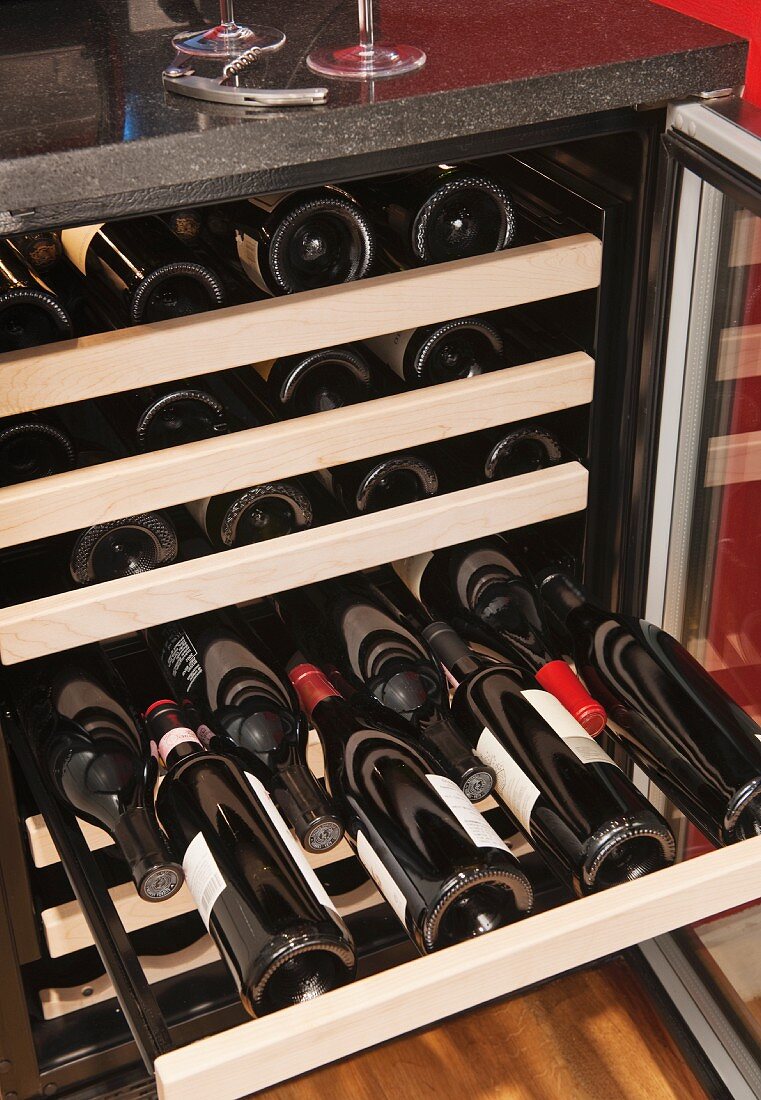 Weinflaschen im Weinkühlschrank