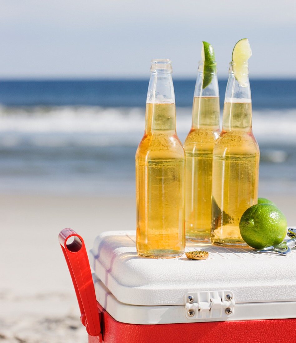 Drei Flaschen Bier mit Limette auf einer Kühlbox am Strand